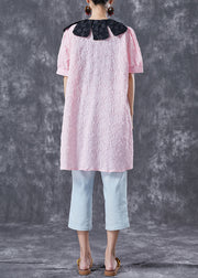 Modern Pink Jacquard Floral Cotton Shirt Dress Summer