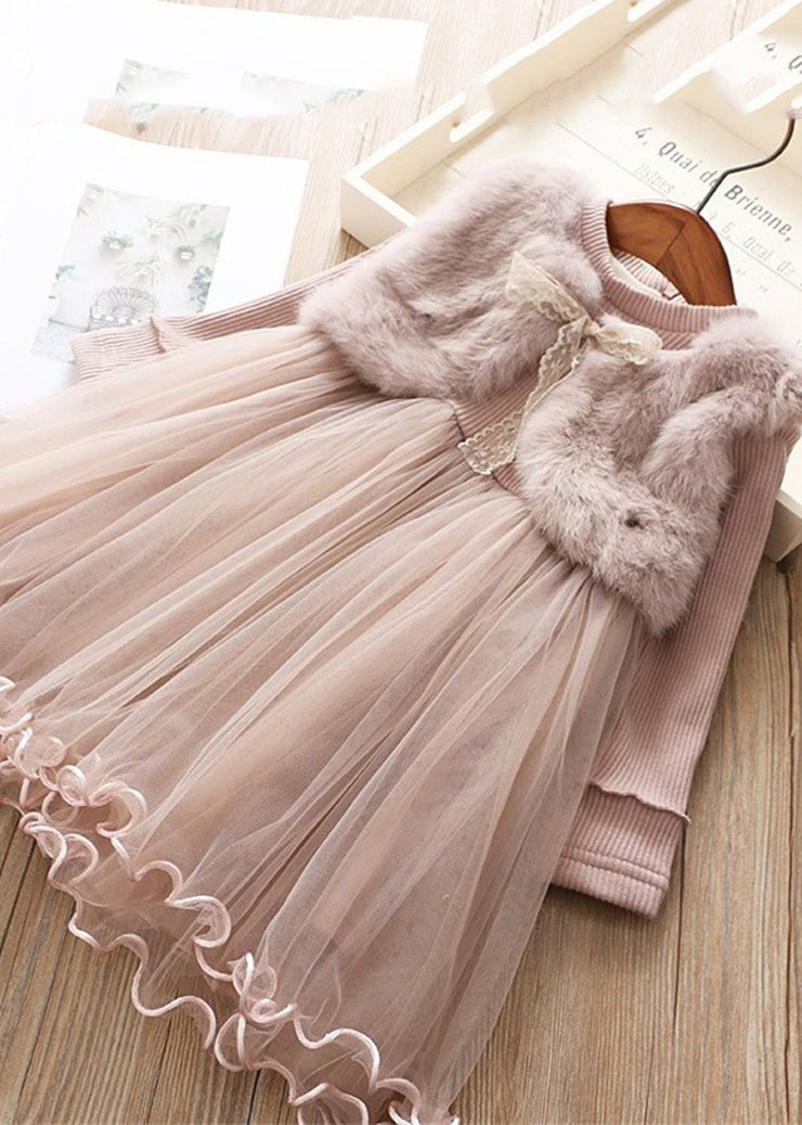 Modern Pink Mink Velvet False Two Pieces Warm Fleece Baby Girls Dress Winter