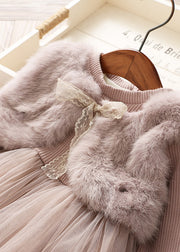 Modern Pink Mink Velvet False Two Pieces Warm Fleece Baby Girls Dress Winter