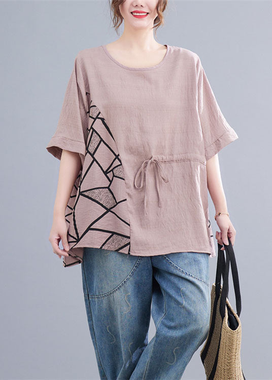 Modern Pink O Neck Drawstring Patchwork Cotton T Shirts Summer