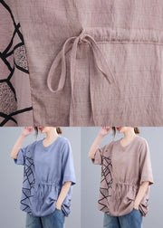 Modern Pink O Neck Drawstring Patchwork Cotton T Shirts Summer