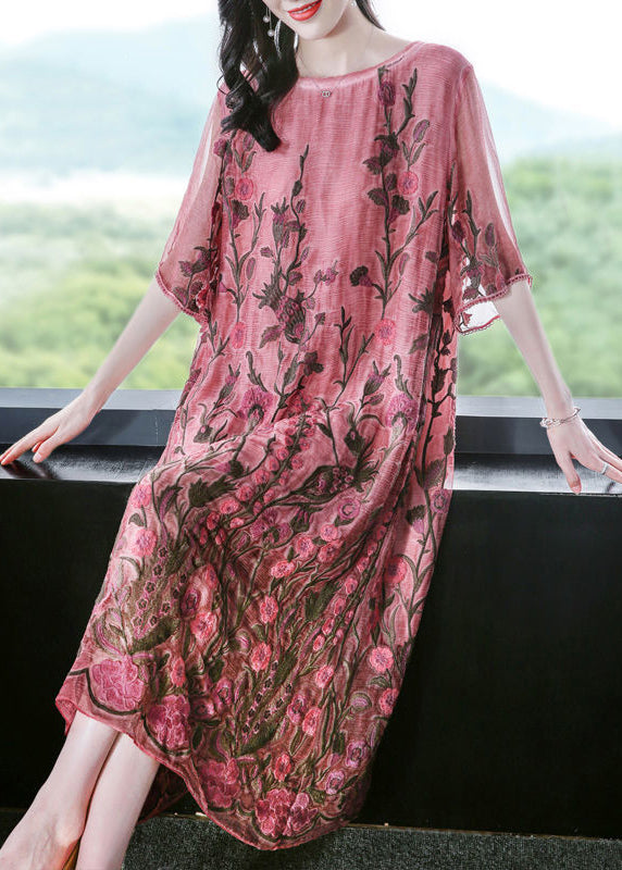 Modern Pink O-Neck Embroidered Silk A Line Dress Half Sleeve