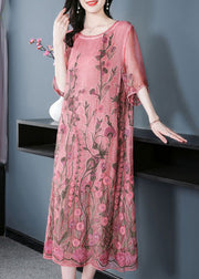 Modern Pink O-Neck Embroidered Silk A Line Dress Half Sleeve