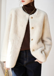 Modern Pink O-Neck Pockets Button Faux Fur Jackets Winter
