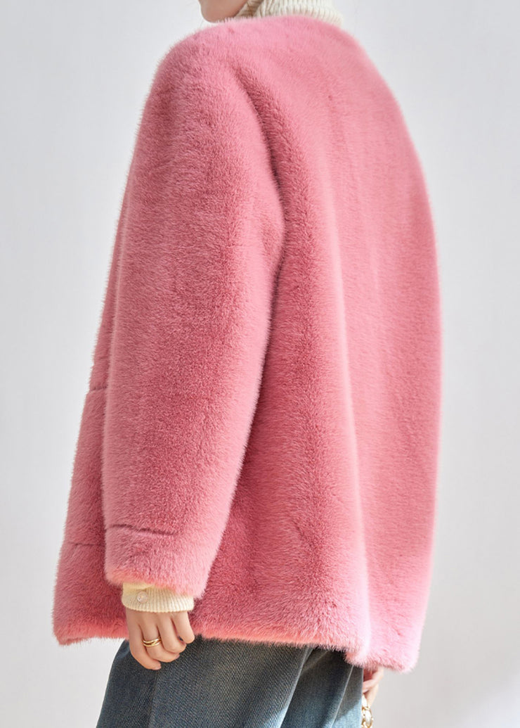 Modern Pink O-Neck Pockets Button Faux Fur Jackets Winter