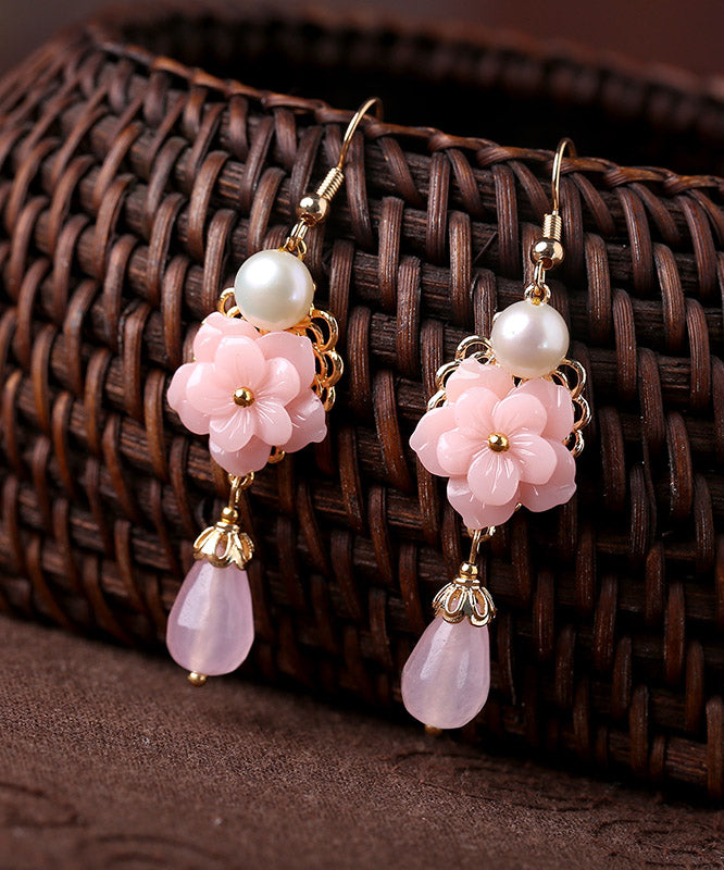 Modern Pink Overgild Jade Pearl Synthetic Flower Drop Earrings