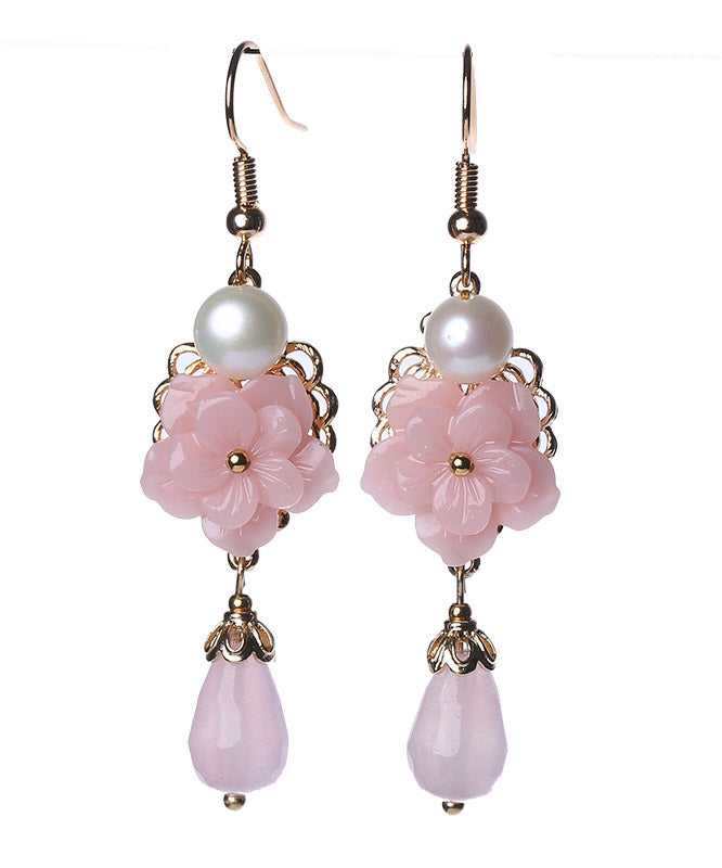 Modern Pink Overgild Jade Pearl Synthetic Flower Drop Earrings