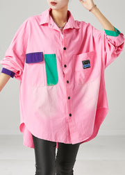Modern Pink Oversized Patchwork Cotton Shirt Tops Fall