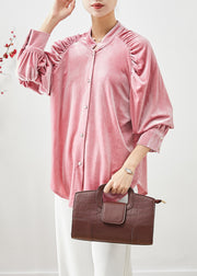 Modern Pink Oversized Wrinkled Silk Velour Shirt Fall