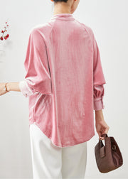 Modern Pink Oversized Wrinkled Silk Velour Shirt Fall