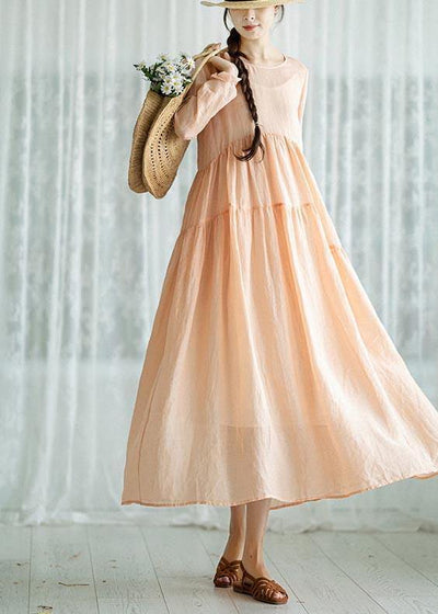Modern Pink Patchwork Linen asymmetrical design Summer Ankle Dress - SooLinen