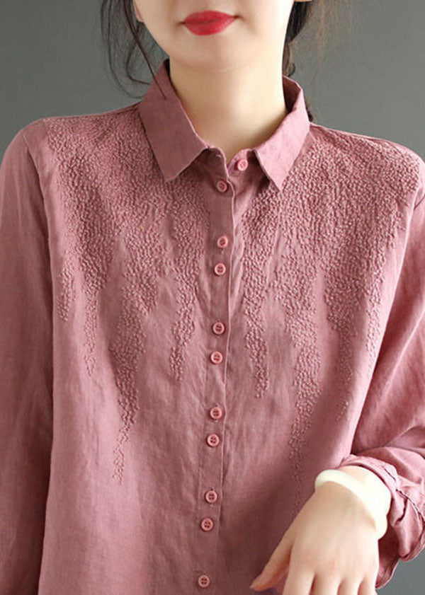 Modern Pink Peter Pan Collar Embroidered Linen Shirts Spring