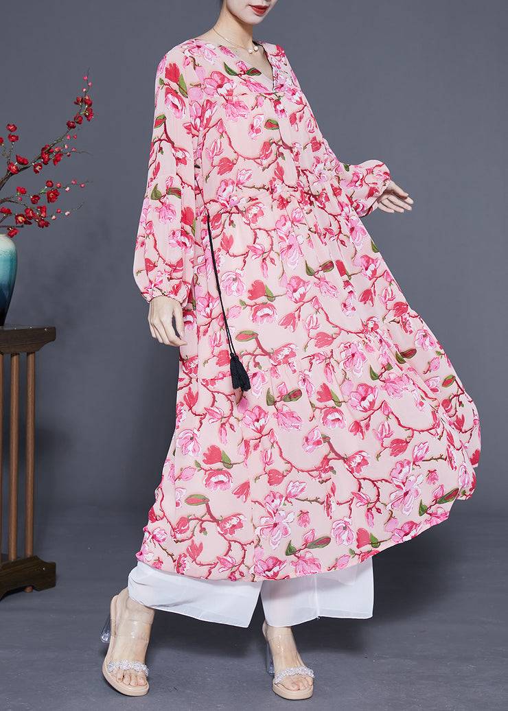 Modern Pink Print Drawstring Exra Large Hem Chiffon Long Dress Spring