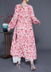 Modern Pink Print Drawstring Exra Large Hem Chiffon Long Dress Spring