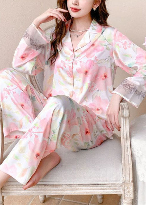 Modern Pink Print Peter Pan Collar Patchwork Ice Silk Pajamas Two Pieces Set Spring