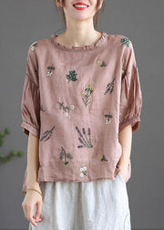 Modern Pink Regular Embroideried Summer Floral Half Sleeve - SooLinen