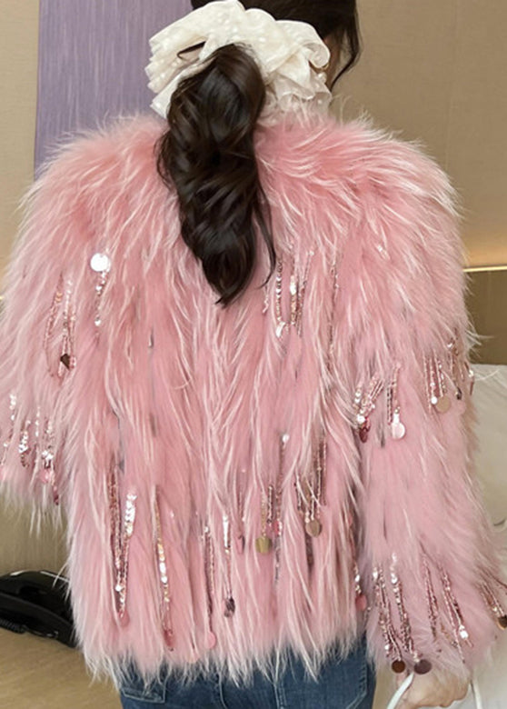 Modern Pink Sequins Tassel Leather And Fur Coats Winter