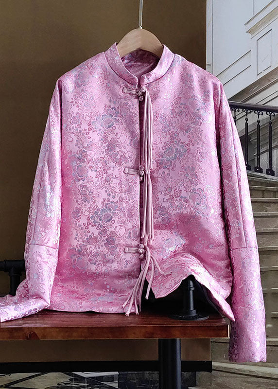 Modern Pink Stand Collar Jacquard Tasseled Fine Cotton Filled Coats Winter