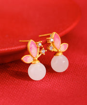 Modern Pink Sterling Silver Overgild Jade Zircon Cloisonne Stud Earrings