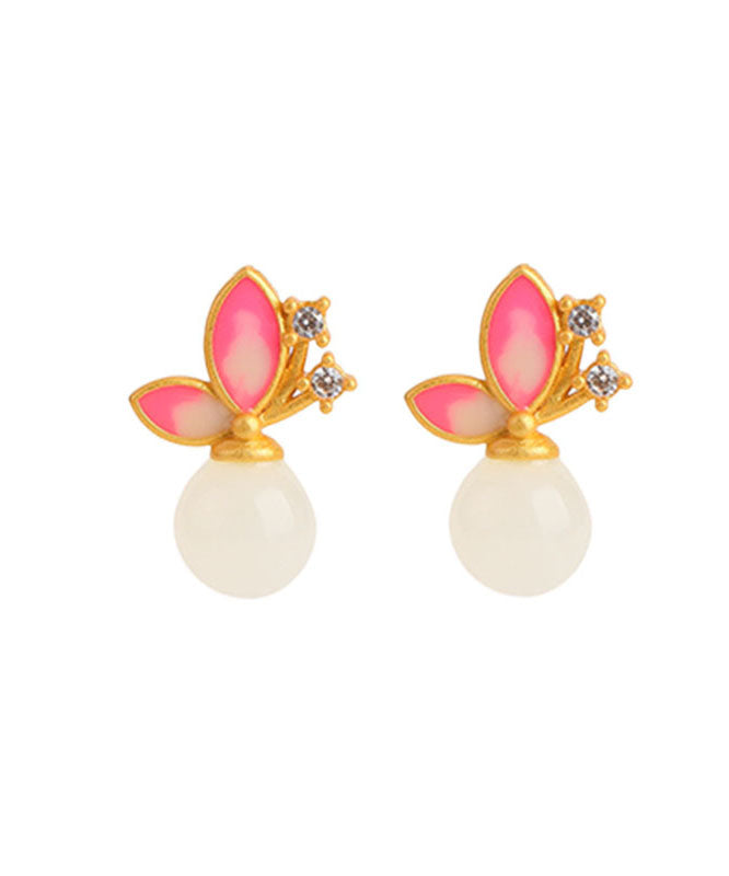 Modern Pink Sterling Silver Overgild Jade Zircon Cloisonne Stud Earrings