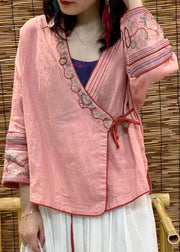 Modern Pink V Neck Embroidered Floral Linen Tops Long Sleeve