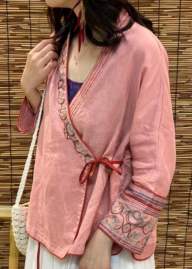 Modern Pink V Neck Embroidered Floral Linen Tops Long Sleeve