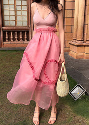 Modern Pink Wrinkled Patchwork Tulle Skirt Summer