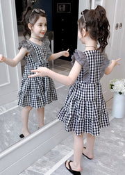 Modern Plaid V Neck Patchwork Button Cotton Kids Mid Dress Summer