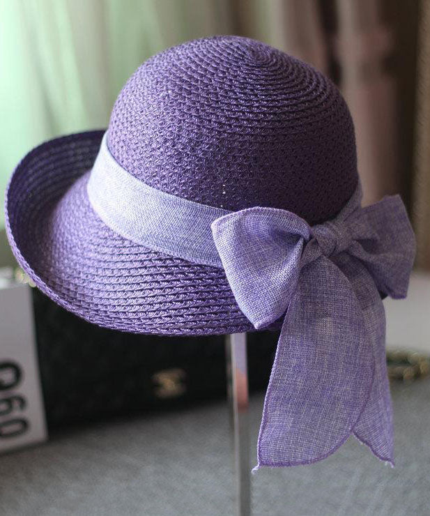Modern Purple Bow Straw Woven Holiday Floppy Sun Hat