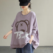Modern Purple Cartoon print cotton Shirts O Neck loose Spring Shirts - SooLinen