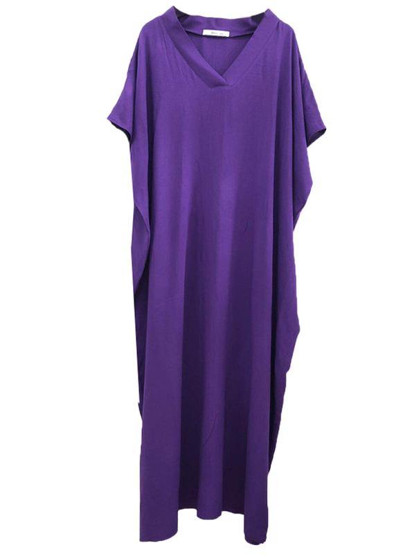 Modern Purple Clothes V Neck Baggy Dresses - SooLinen