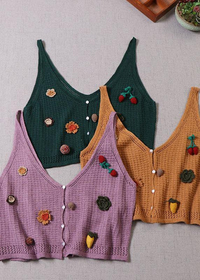 Modern Purple Cute Button Floral Fall Knit Vest - SooLinen