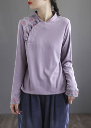 Modern Purple Embroidered Button Floral Fall Cotton Top