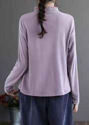 Modern Purple Embroidered Button Floral Fall Cotton Top