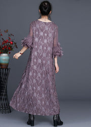 Modern Purple Embroidered Patchwork Fall Dress