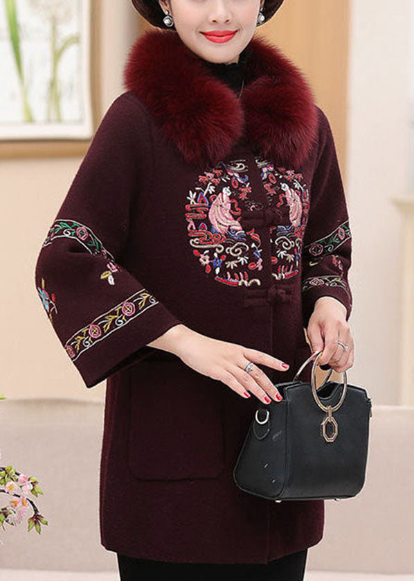 Modern Purple Fox Collar Embroidered Pockets Woolen Coats Winter