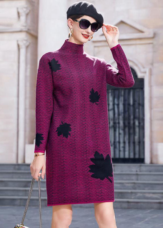 Modern Purple High Neck Maple Leaves Jacquard Knit Long Sweater Winter