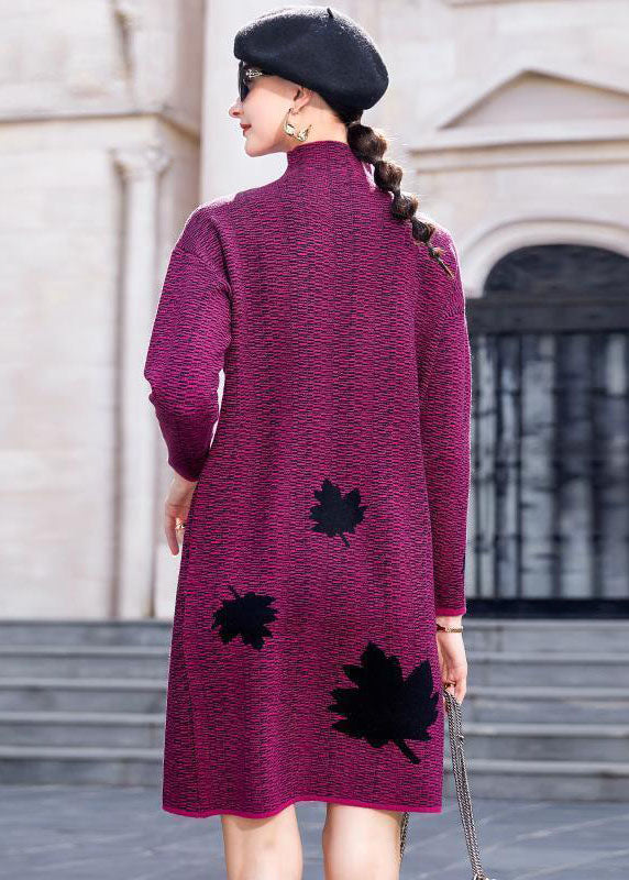 Modern Purple High Neck Maple Leaves Jacquard Knit Long Sweater Winter