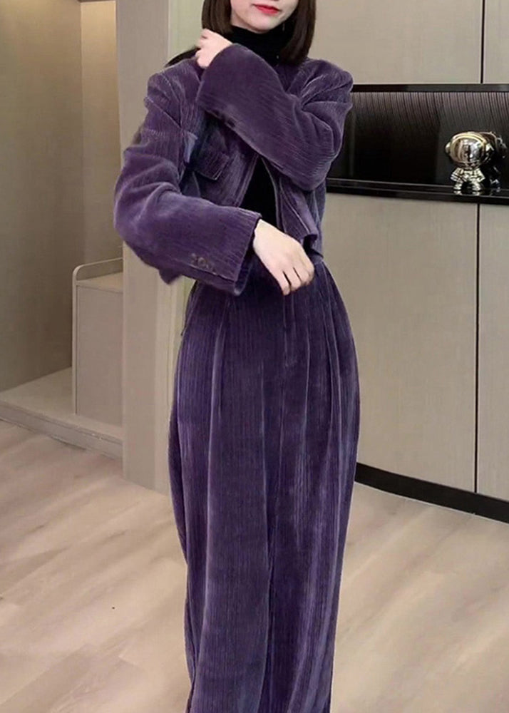 Modern Purple O-Neck Button Silk Velour Coats And Wide Leg Pants Two Pieces Set Fall