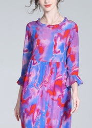 Modernes lila O-Neck Rüschendruck Cinched Mid Dress Flare Sleeve aus Seide