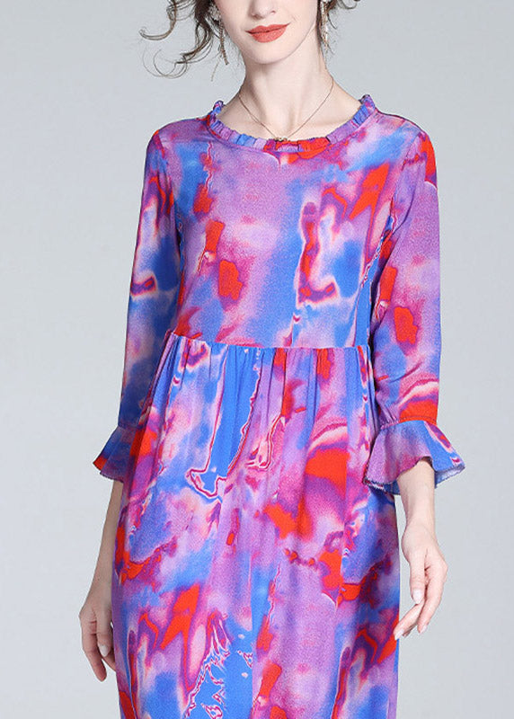 Modern Purple O-Neck Ruffled Print Cinched Silk Mid Dress Flare Sleeve