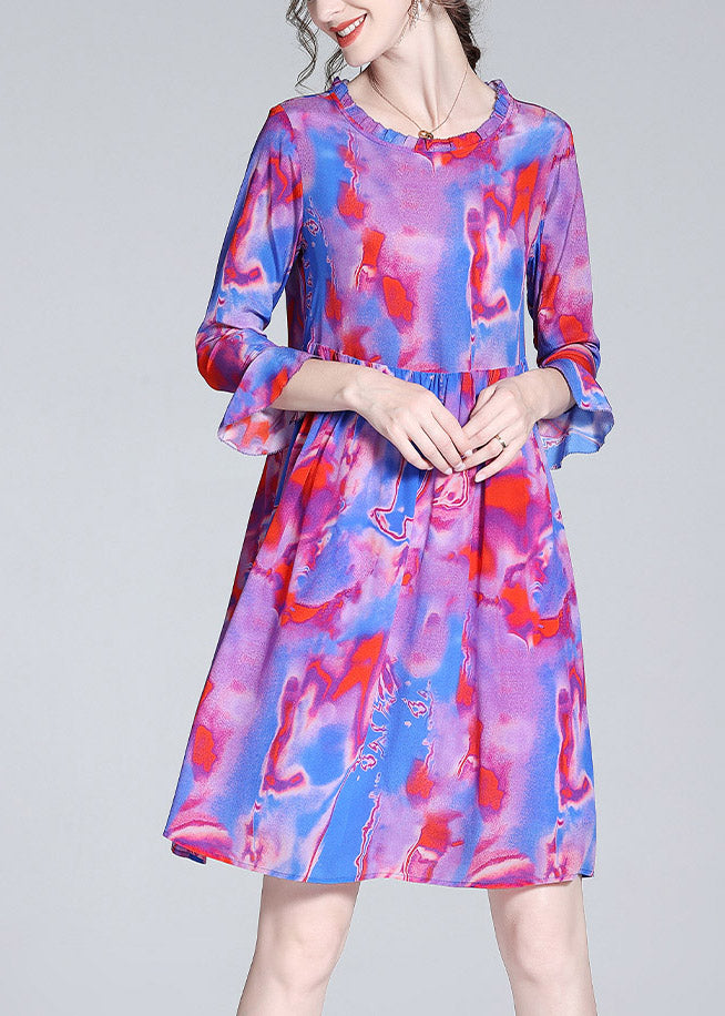Modernes lila O-Neck Rüschendruck Cinched Mid Dress Flare Sleeve aus Seide