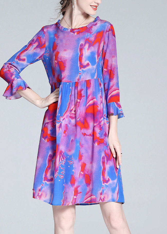Modern Purple O-Neck Ruffled Print Cinched Silk Mid Dress Flare Sleeve