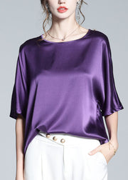 Modern Purple O-Neck Solid Silk Top Short Sleeve