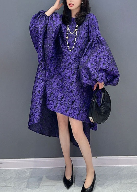Modern Purple O Neck Wrinkled Patchwork Cotton Dress Lantern Sleeve