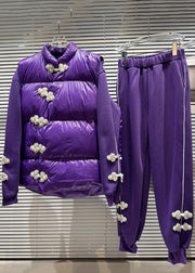 Modern Purple Oriental Pearl Button Fine Cotton Filled Warm Fleece Three Pieces Set Winter