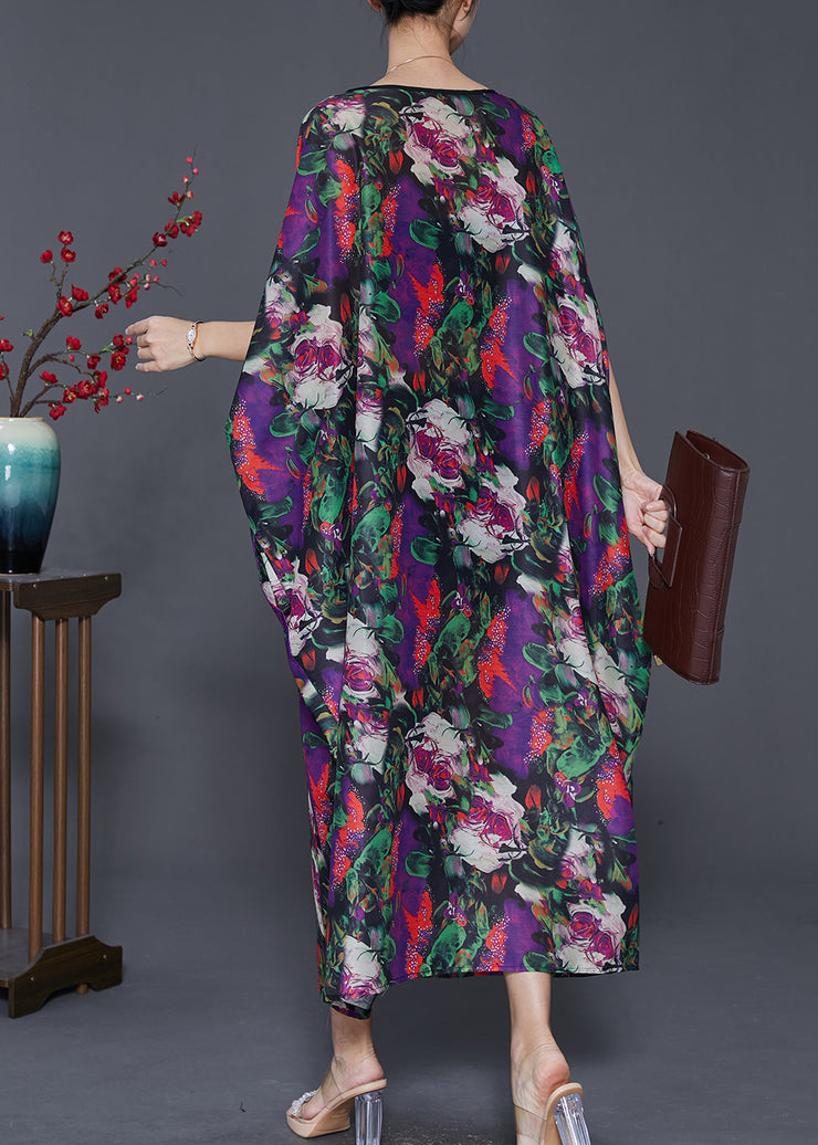 Modern Purple Oversized Print Chiffon Long Dresses Batwing Sleeve