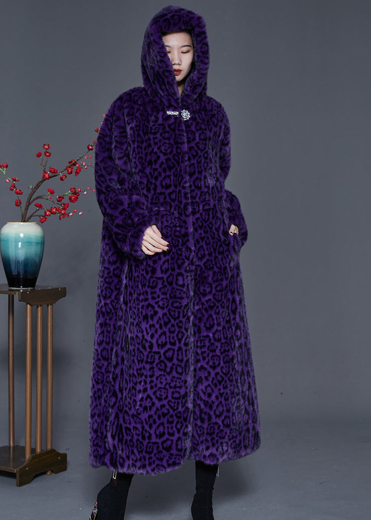 Modern Purple Oversized Print Faux Fur Coat Spring