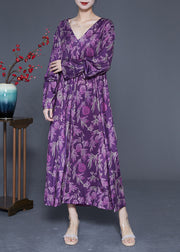 Modern Purple Oversized Print Silk Ankle Dress Spring