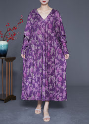 Modern Purple Oversized Print Silk Ankle Dress Spring